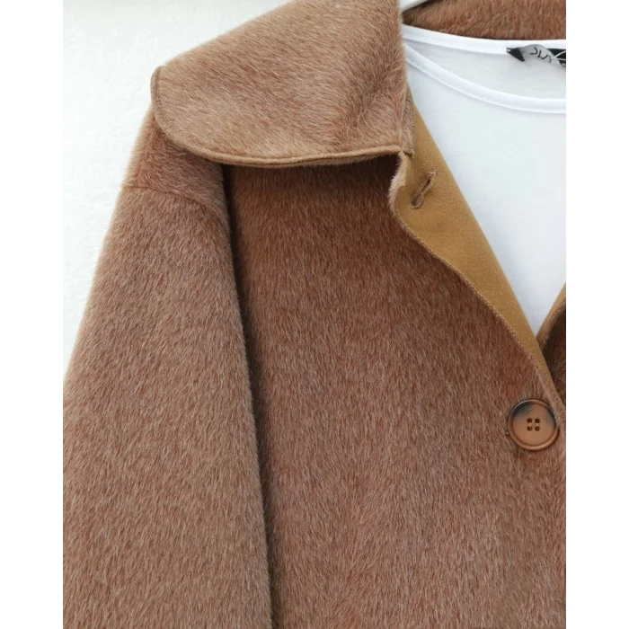 Boydan Düğmeli Cepli Kaban    -Taba