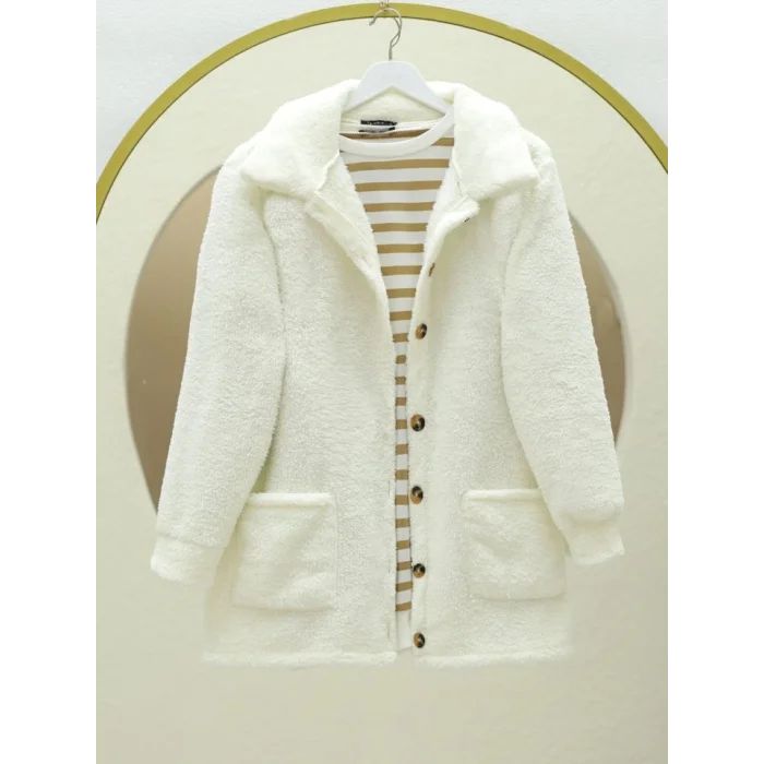 Boydan Düğmeli Cepli Pelüş Ceket -Ekru