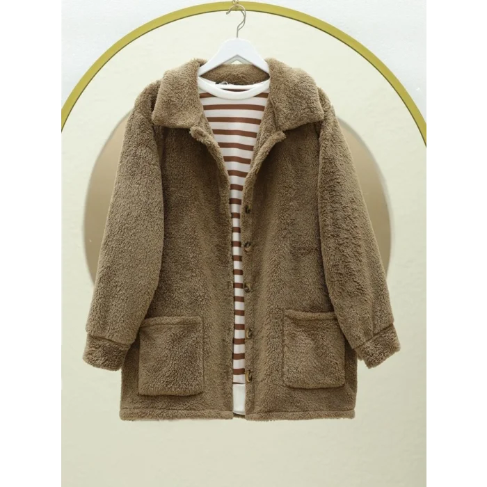 Boydan Düğmeli Cepli Pelüş Ceket -Kahve