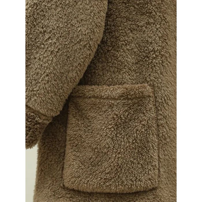 Boydan Düğmeli Cepli Pelüş Ceket -Kahve