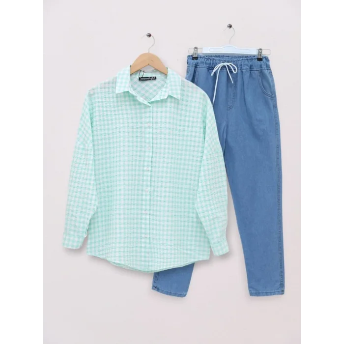 Boydan Düğmeli Gofre Gömlek -Su Yeşili