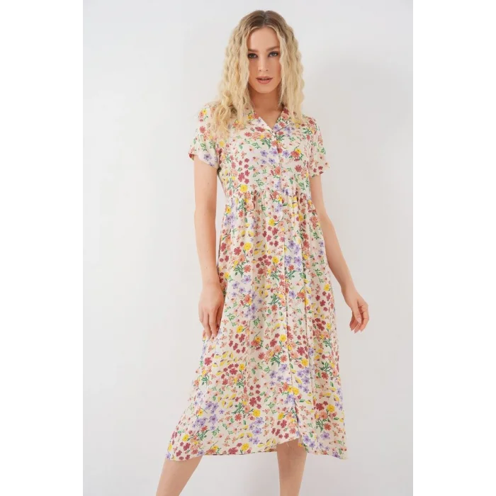 Boydan Düğmeli Kısa Kol Çiçekli Elbise 2561 - Krem