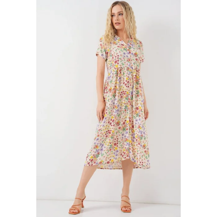Boydan Düğmeli Kısa Kol Çiçekli Elbise 2561 - Krem