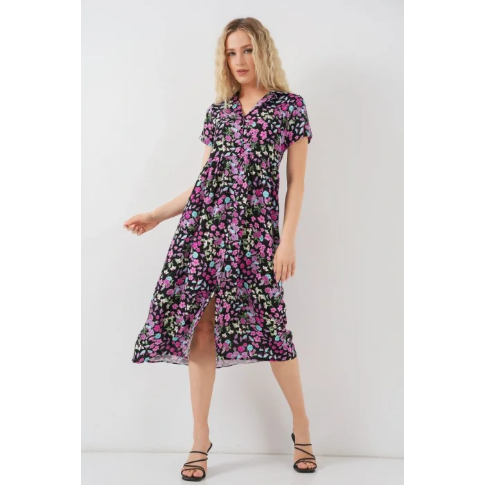 Boydan Düğmeli Kısa Kol Çiçekli Elbise 2561 - Siyah