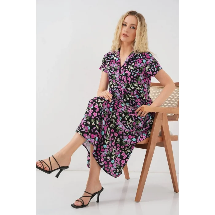 Boydan Düğmeli Kısa Kol Çiçekli Elbise 2561 - Siyah