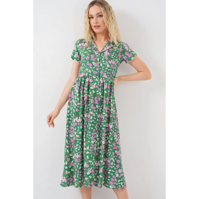 Boydan Düğmeli Kısa Kol Çiçekli Elbise 2561 - Yeşil
