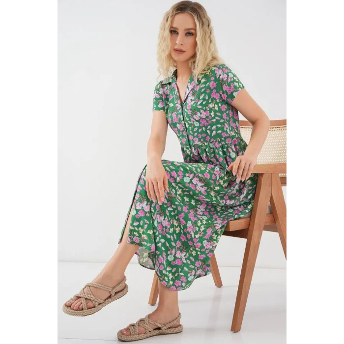Boydan Düğmeli Kısa Kol Çiçekli Elbise 2561 - Yeşil