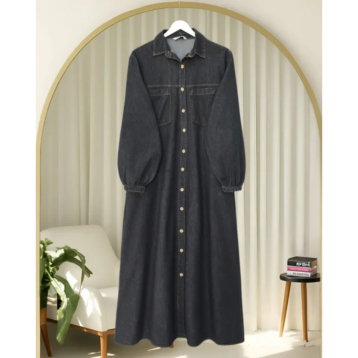 Boydan Düğmeli Kolu Lastikli Cepli Kot Elbise   -Antrasit