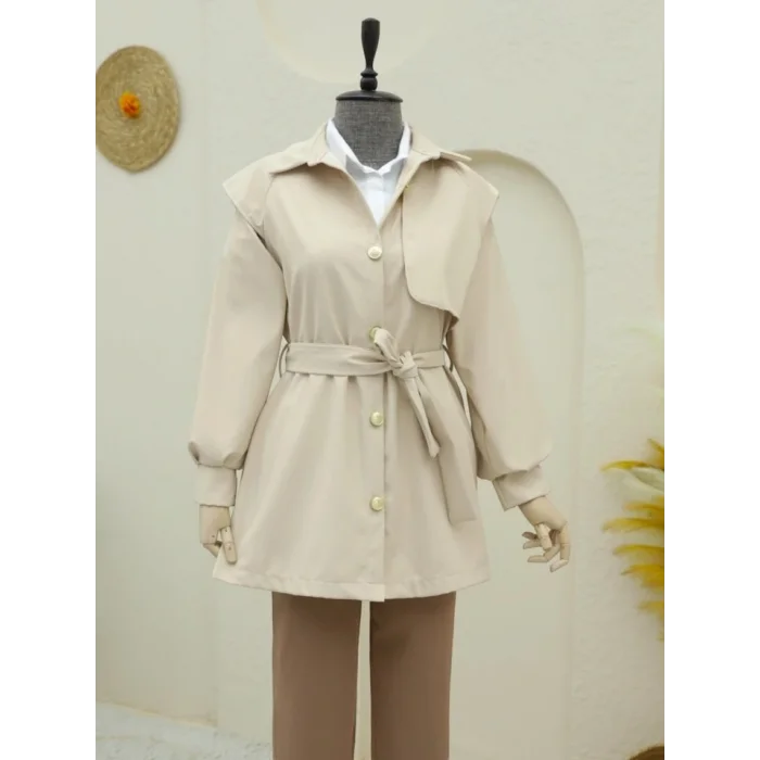 Broş Düğmeli Çift Düğmeli Kemerli Trençkot -Bej