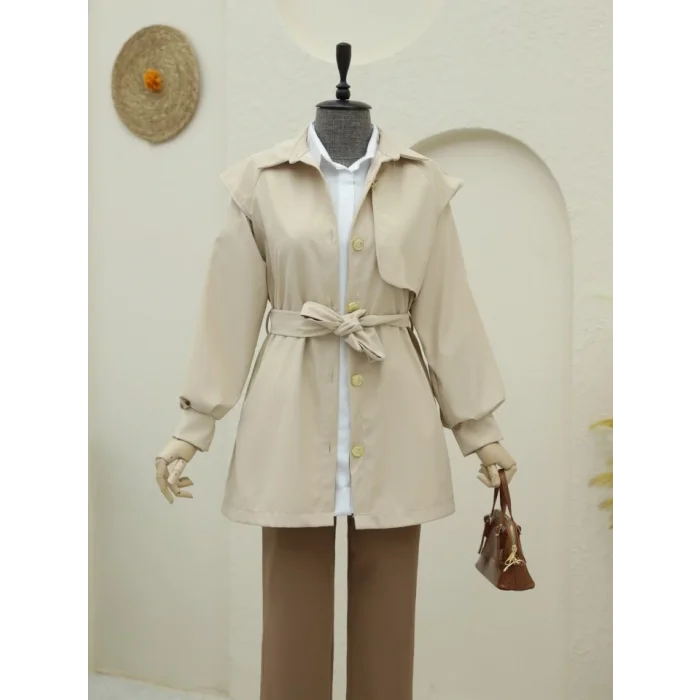 Broş Düğmeli Çift Düğmeli Kemerli Trençkot -Bej