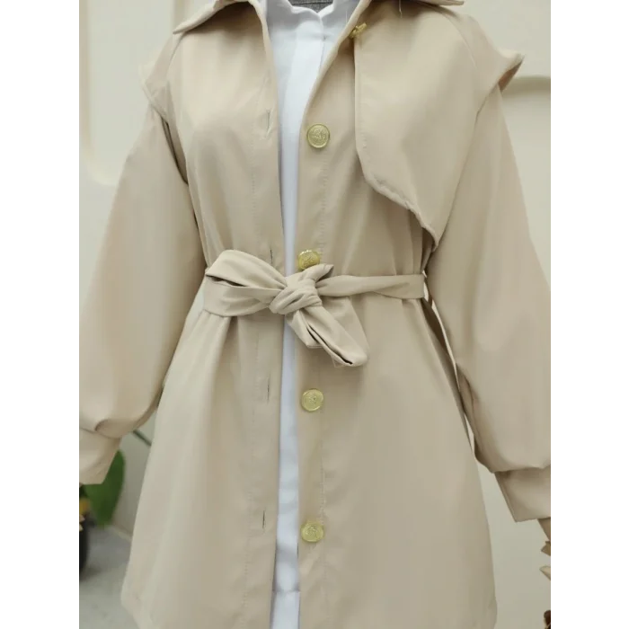 Broş Düğmeli Çift Düğmeli Kemerli Trençkot -Bej