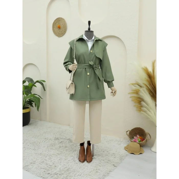 Broş Düğmeli Çift Düğmeli Kemerli Trençkot -Haki