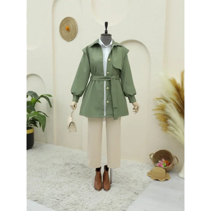 Broş Düğmeli Çift Düğmeli Kemerli Trençkot -Haki