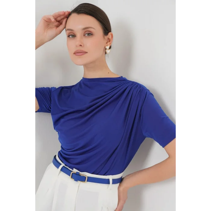 Büzgü Detaylı Kısa Kol Sandy Bluz 945 - Saks