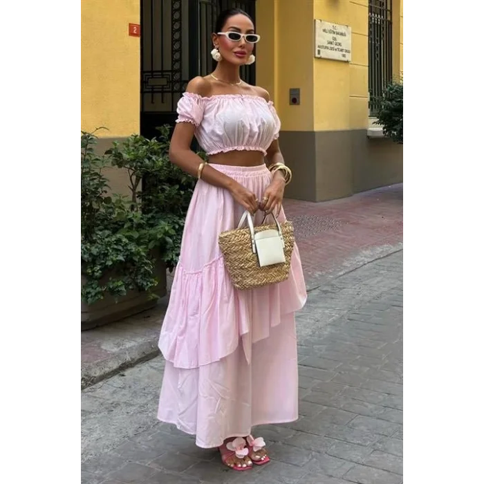 Büzgülü Crop Kat Detaylı Fırfır Etekli Takım 10196