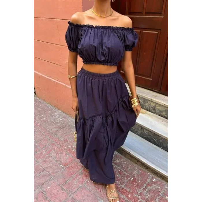 Büzgülü Crop Kat Detaylı Fırfır Etekli Takım 10196