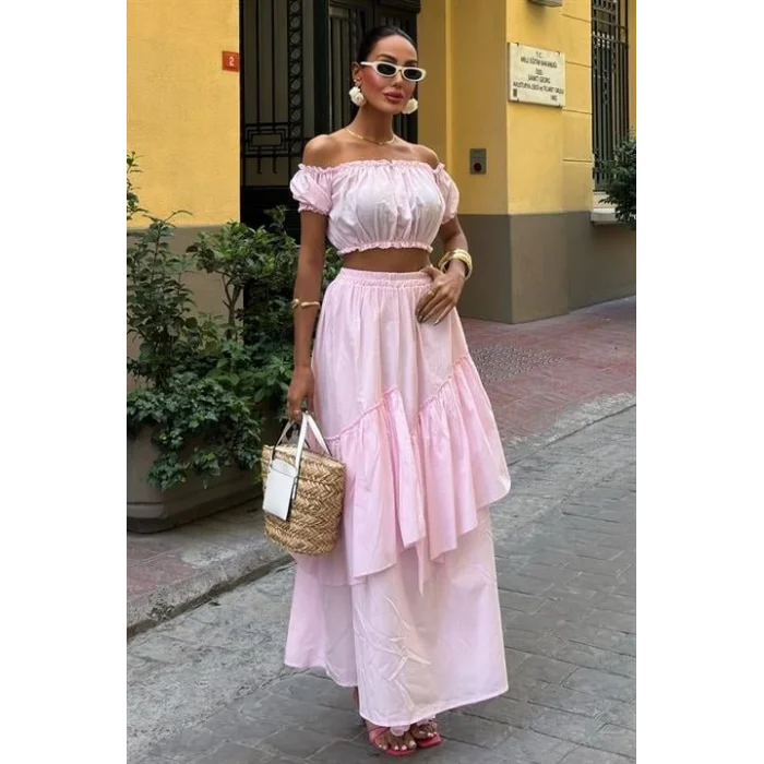 Büzgülü Crop Kat Detaylı Fırfır Etekli Takım 10196