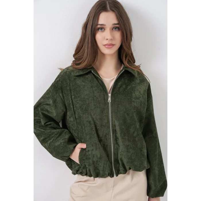 Büzgülü Oversize Kadife Ceket 0733 - Haki