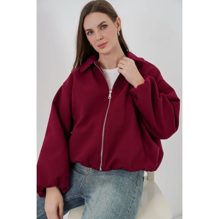 Büzgülü Oversize Kaşe Ceket 0728 - Bordo