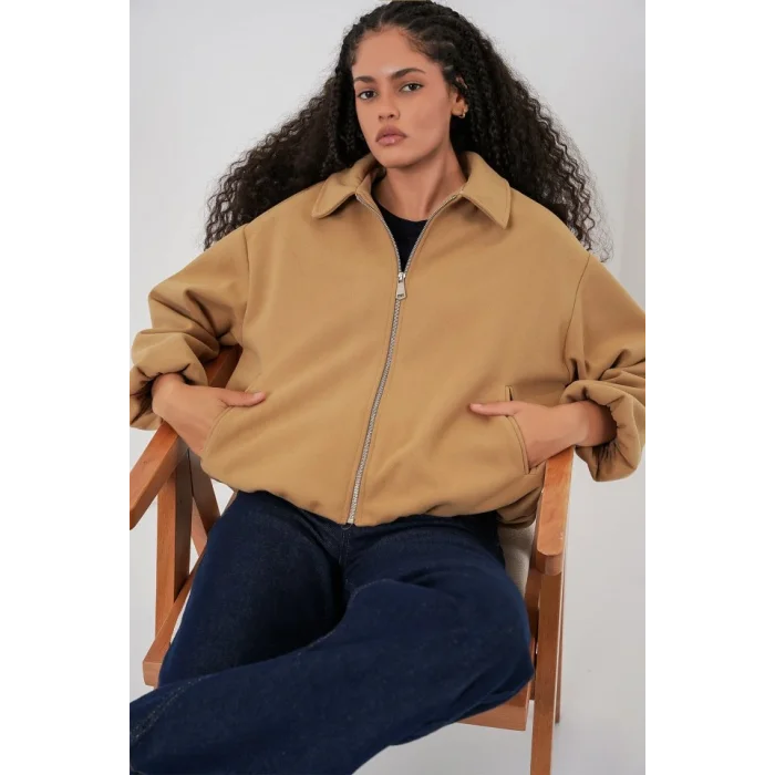 Büzgülü Oversize Kaşe Ceket 0728 - Hardal