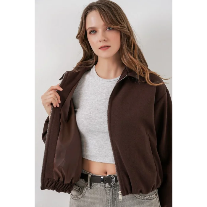 Büzgülü Oversize Kaşe Ceket 0728 - Kahverengi