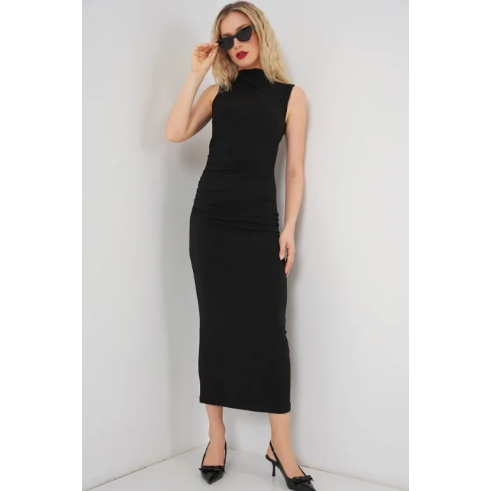 Büzgülü Sıfır Kol Drapeli Elbise 2579 - Siyah