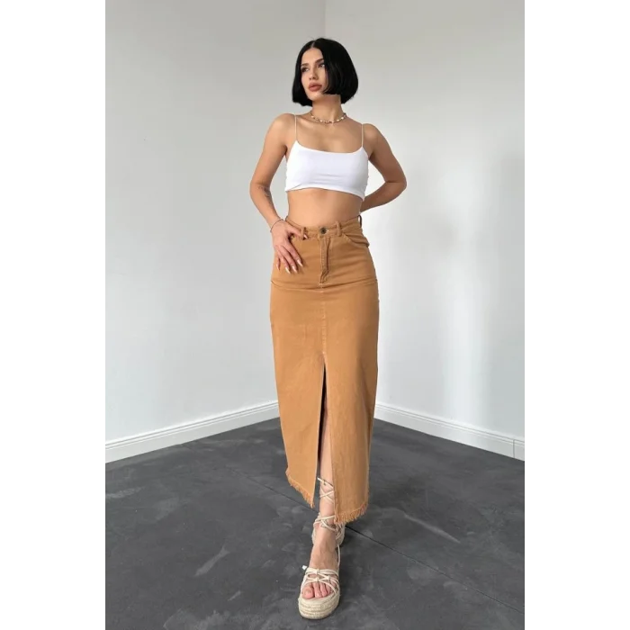 Camel Gabardin Boyamalı Püsküllü Etek