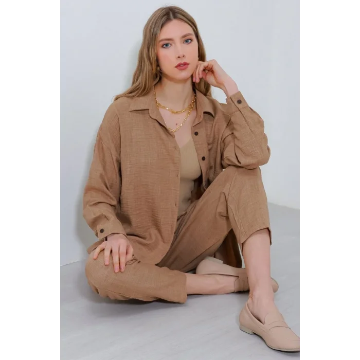 Camel Oversize Keten Alt Üst Takım 6622