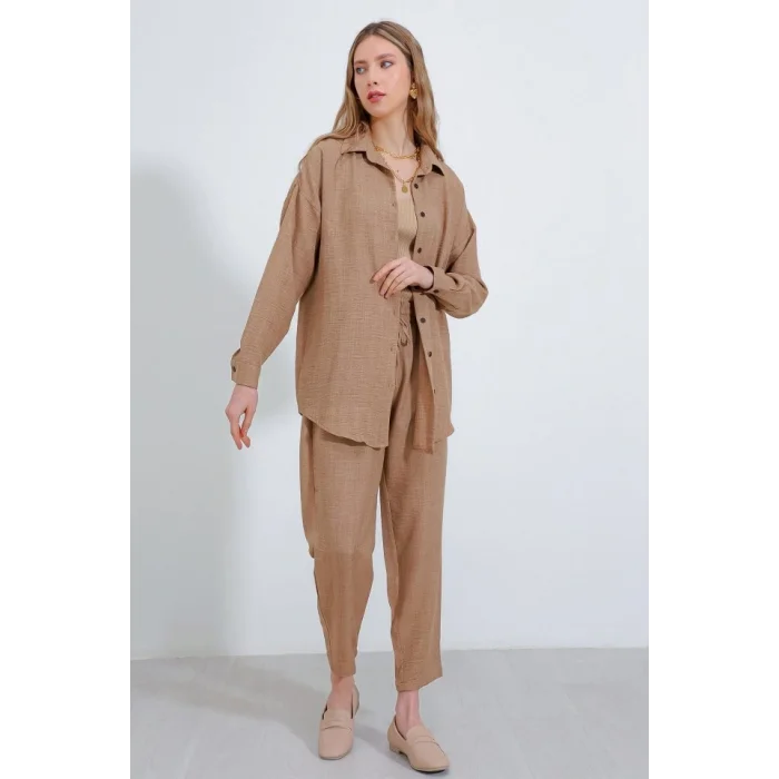 Camel Oversize Keten Alt Üst Takım 6622