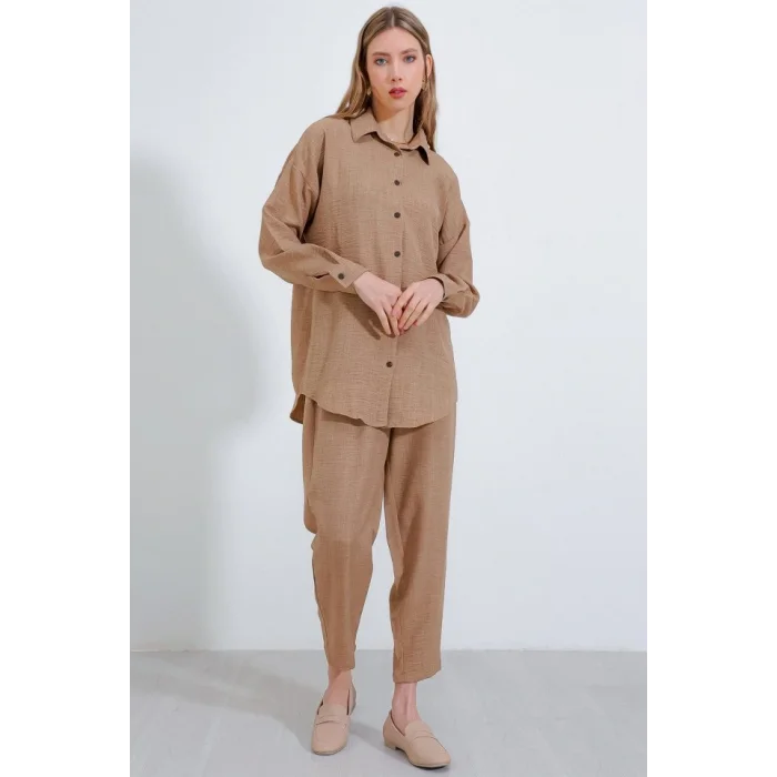 Camel Oversize Keten Alt Üst Takım 6622