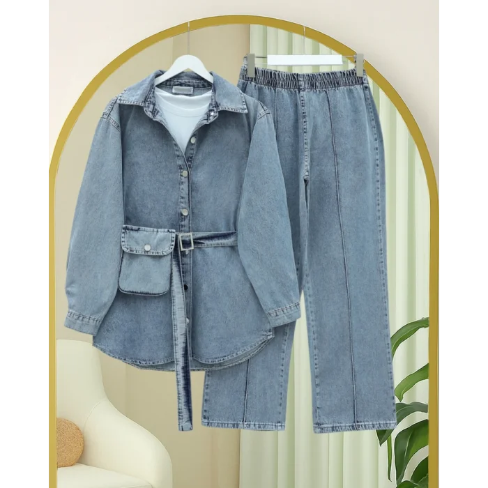 Çanta Cepli Çimalı Pantolonlu Kot Takım -Mavi