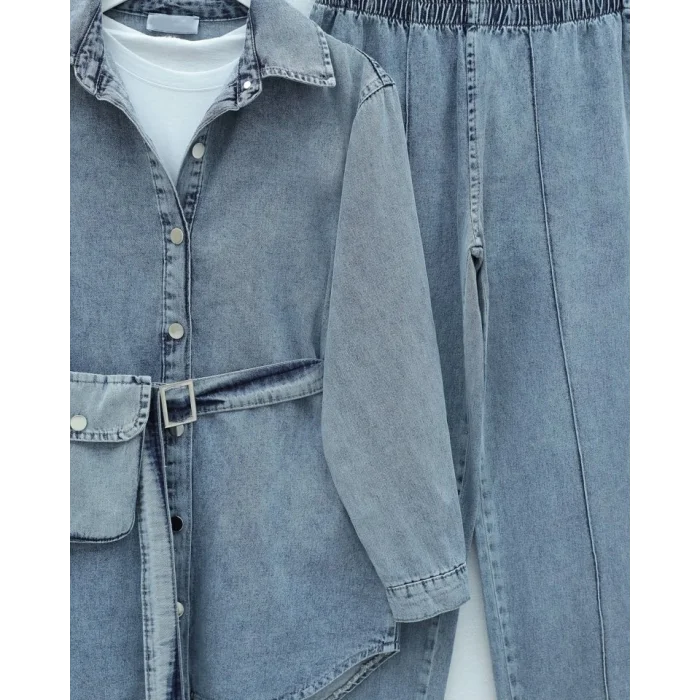 Çanta Cepli Çimalı Pantolonlu Kot Takım -Mavi