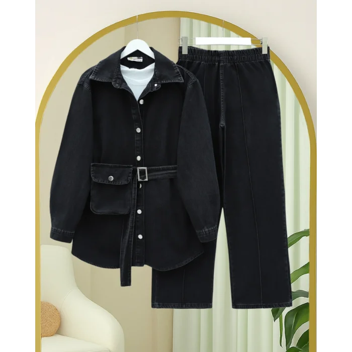 Çanta Cepli Çimalı Pantolonlu Kot Takım -Siyah