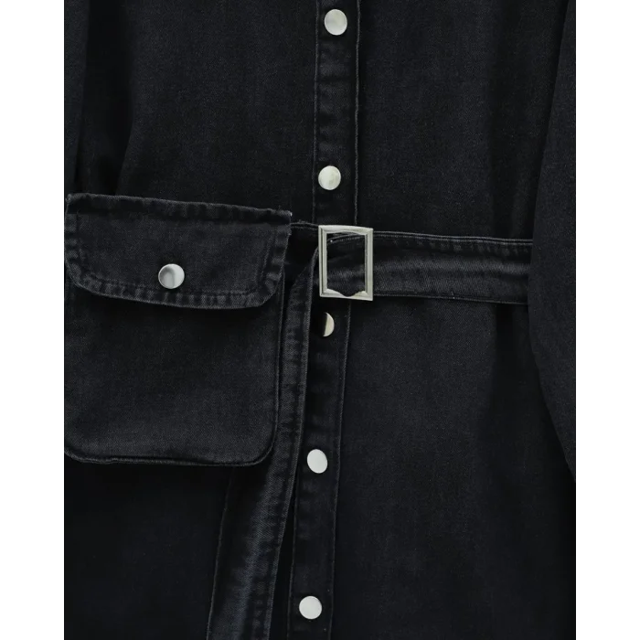 Çanta Cepli Çimalı Pantolonlu Kot Takım -Siyah