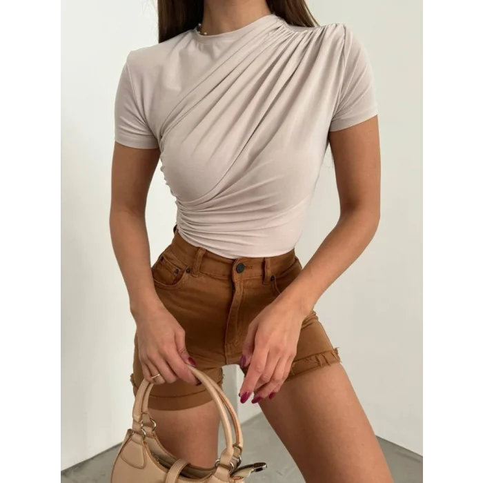 Çapraz Büzgülü Kısa Kol Sandy Bluz -Bej