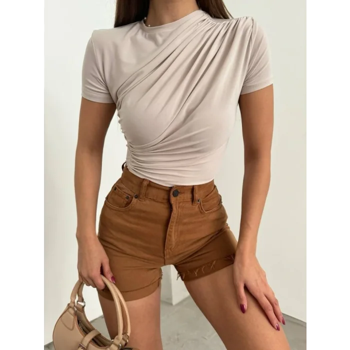 Çapraz Büzgülü Kısa Kol Sandy Bluz -Bej