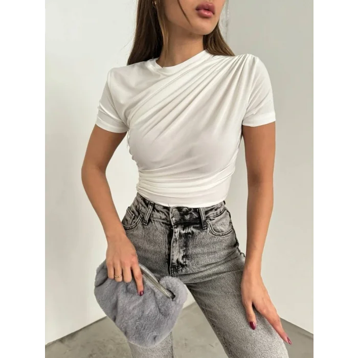 Çapraz Büzgülü Kısa Kol Sandy Bluz -Beyaz