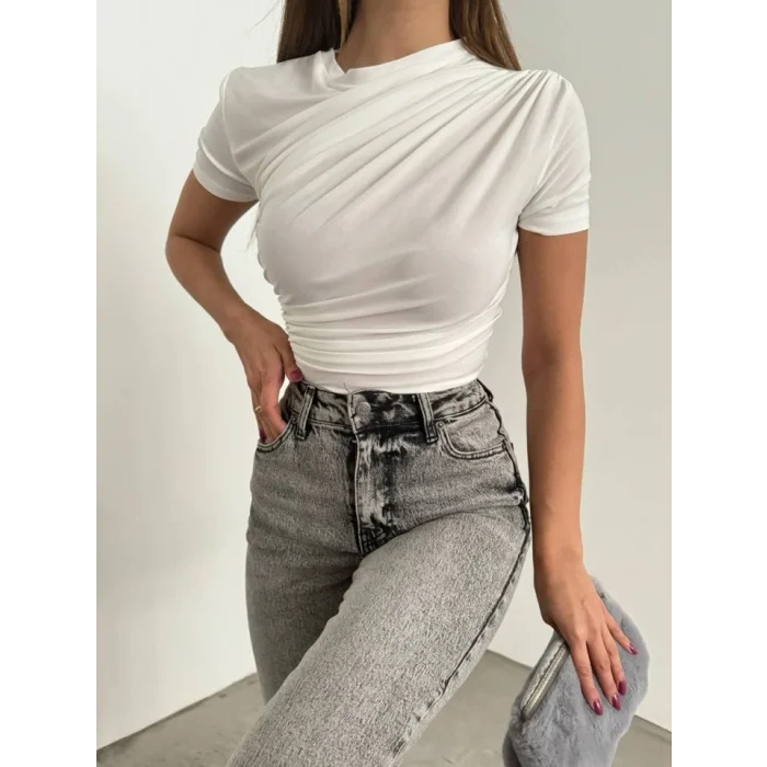 Çapraz Büzgülü Kısa Kol Sandy Bluz -Beyaz