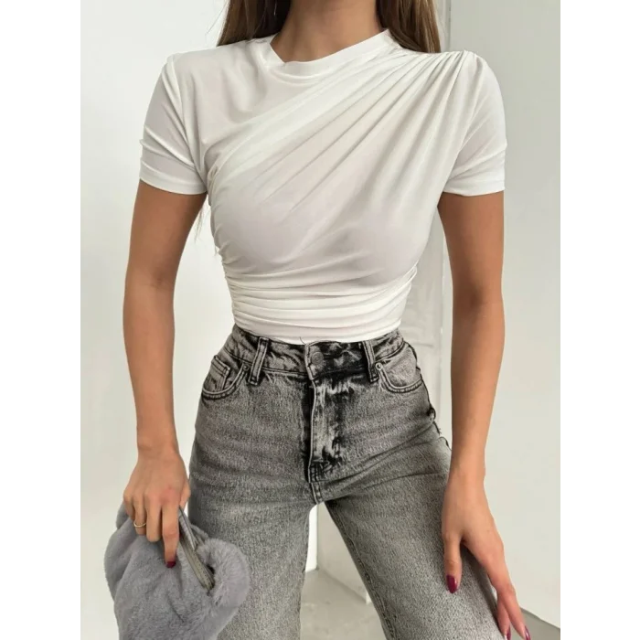 Çapraz Büzgülü Kısa Kol Sandy Bluz -Beyaz