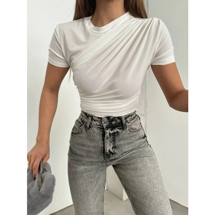 Çapraz Büzgülü Kısa Kol Sandy Bluz -Beyaz