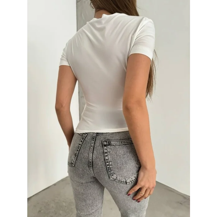 Çapraz Büzgülü Kısa Kol Sandy Bluz -Beyaz