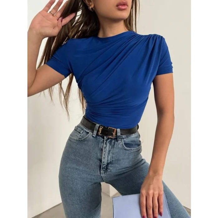 Çapraz Büzgülü Kısa Kol Sandy Bluz -Saks