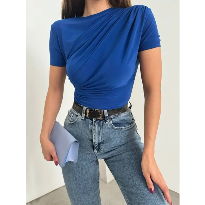 Çapraz Büzgülü Kısa Kol Sandy Bluz -Saks