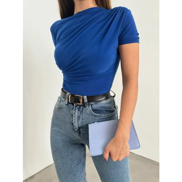 Çapraz Büzgülü Kısa Kol Sandy Bluz -Saks