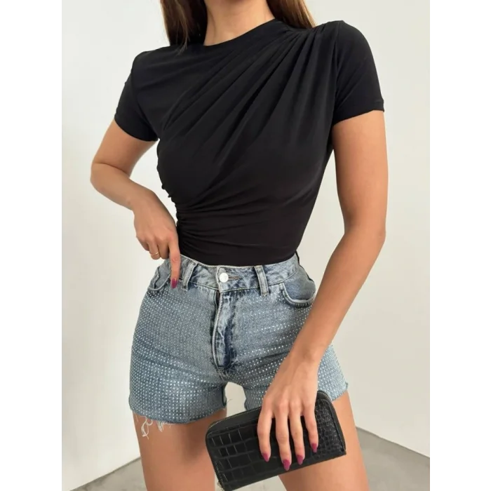 Çapraz Büzgülü Kısa Kol Sandy Bluz  -Siyah