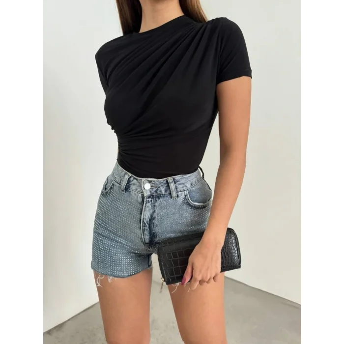 Çapraz Büzgülü Kısa Kol Sandy Bluz  -Siyah