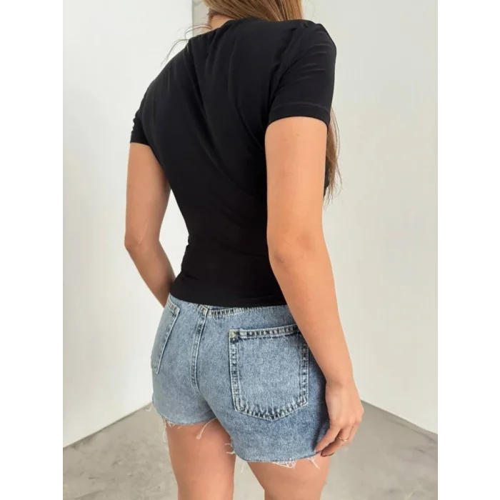 Çapraz Büzgülü Kısa Kol Sandy Bluz  -Siyah