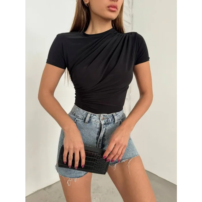 Çapraz Büzgülü Kısa Kol Sandy Bluz  -Siyah