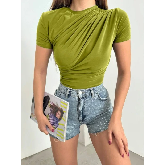 Çapraz Büzgülü Kısa Kol Sandy Bluz -Yağ Yeşili