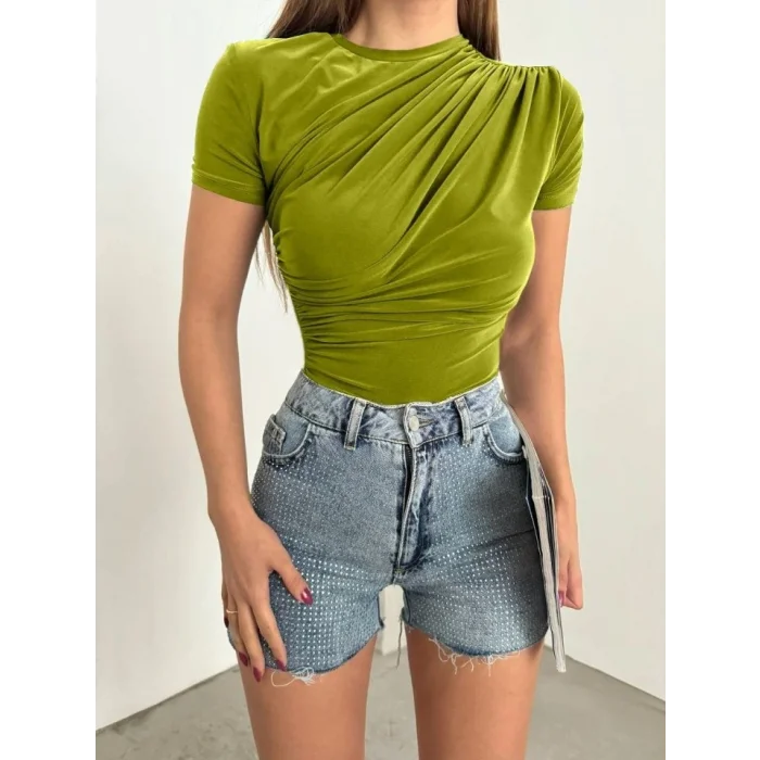 Çapraz Büzgülü Kısa Kol Sandy Bluz -Yağ Yeşili